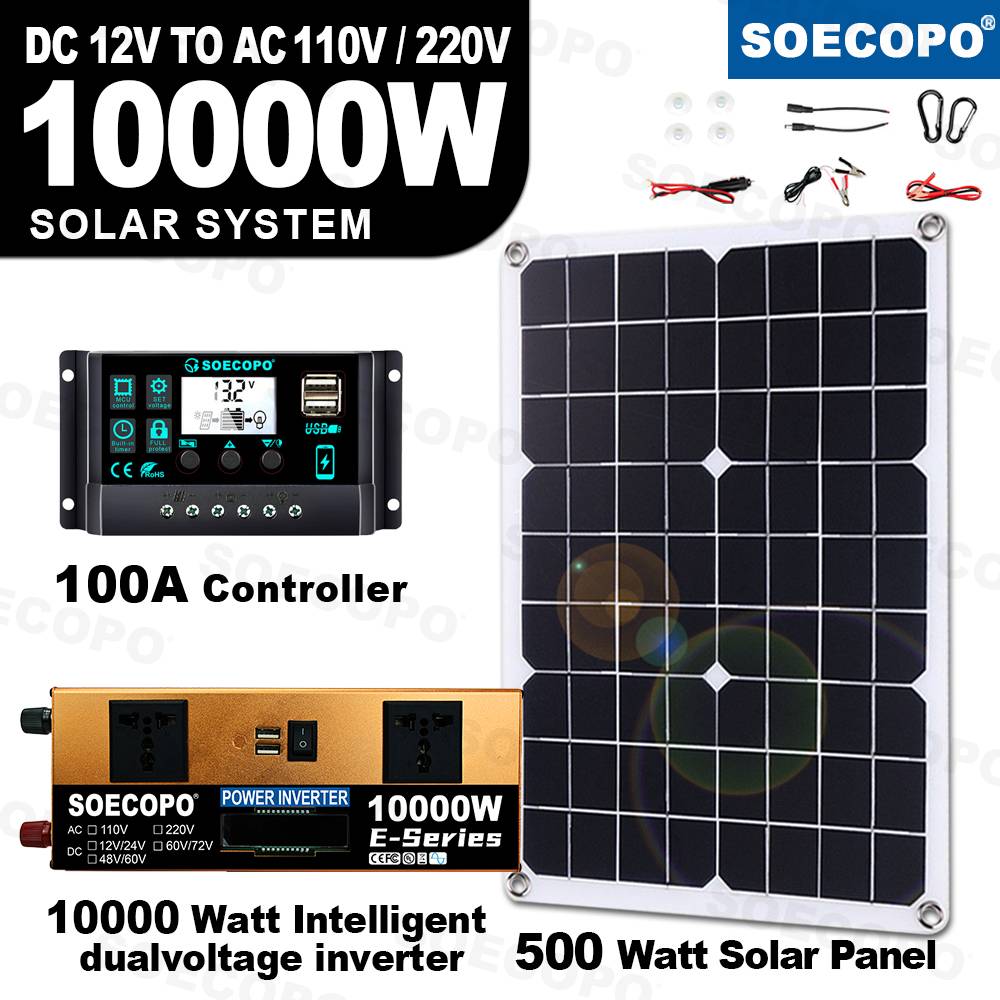 SOECOPO 10000W Peak Solar Generator Kit Intelligent Inverter DC 12V 24V to AC 110V 220V 500W Panel 100A Controller System for RV
