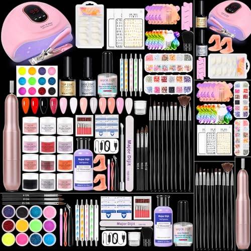 Major Dijit Professionelles Nagelset mit Lampe, Elektrischer Nagelbohrer, 12 Farben Pulver & Flüssigkeit, Top/Base Coat, Primer - Komplettes DIY Nail Art Kit für Gel und Acryl Nägel