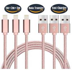 3 st  1,2,3m kvalitet för iPhoneladdning rosa Pink