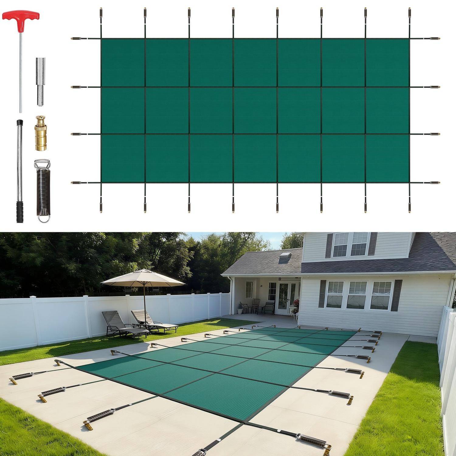 Pool Safety Cover 18x38ft, Inground Pool Cover fit for 16x36 ft Pool, Rectangle Inground Safety Pool Cover Green Mesh Solid Pool Safety Cover for