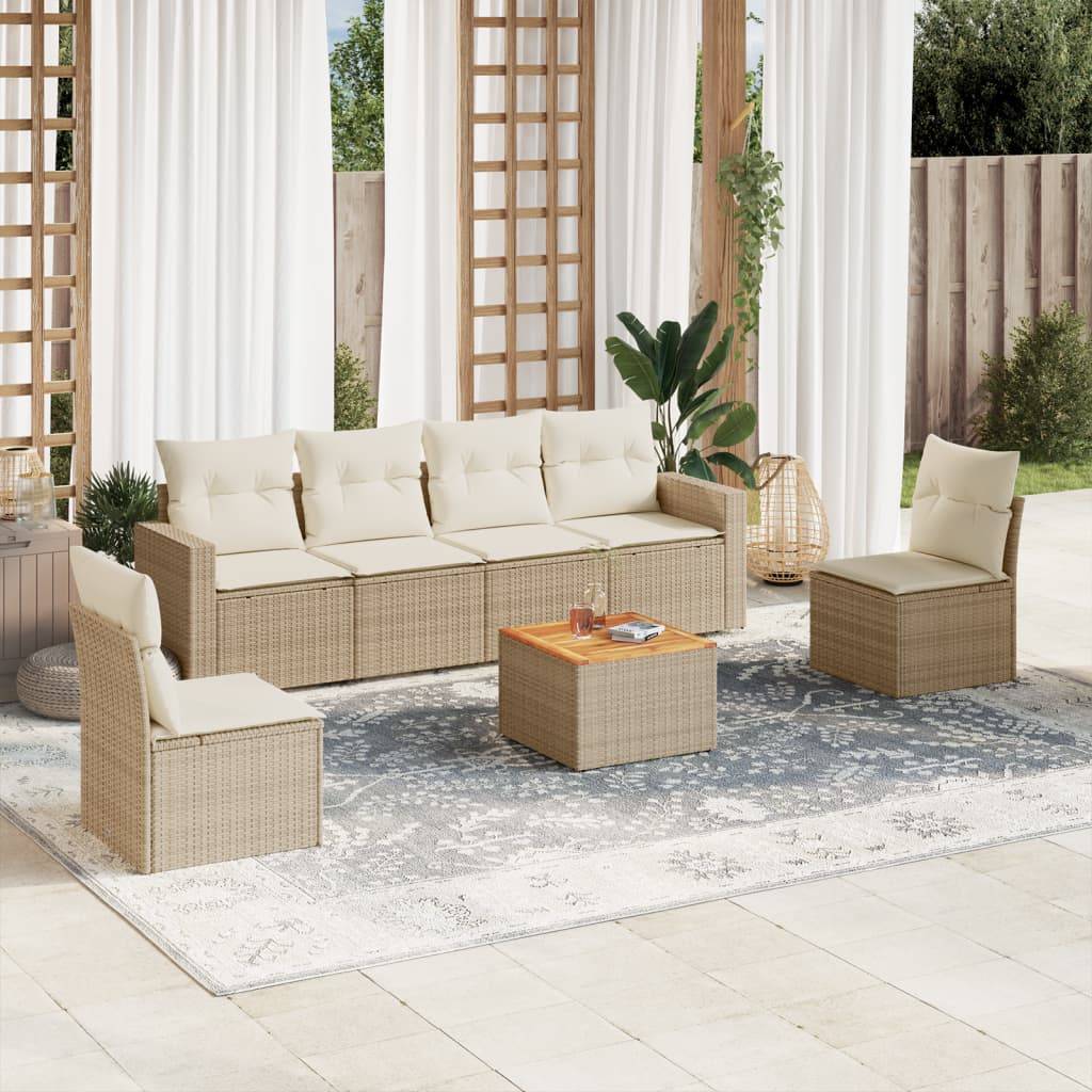 Sofasæt Til Haven 7 Dele Med Hynder Polyrattan - beige og cremefarvet