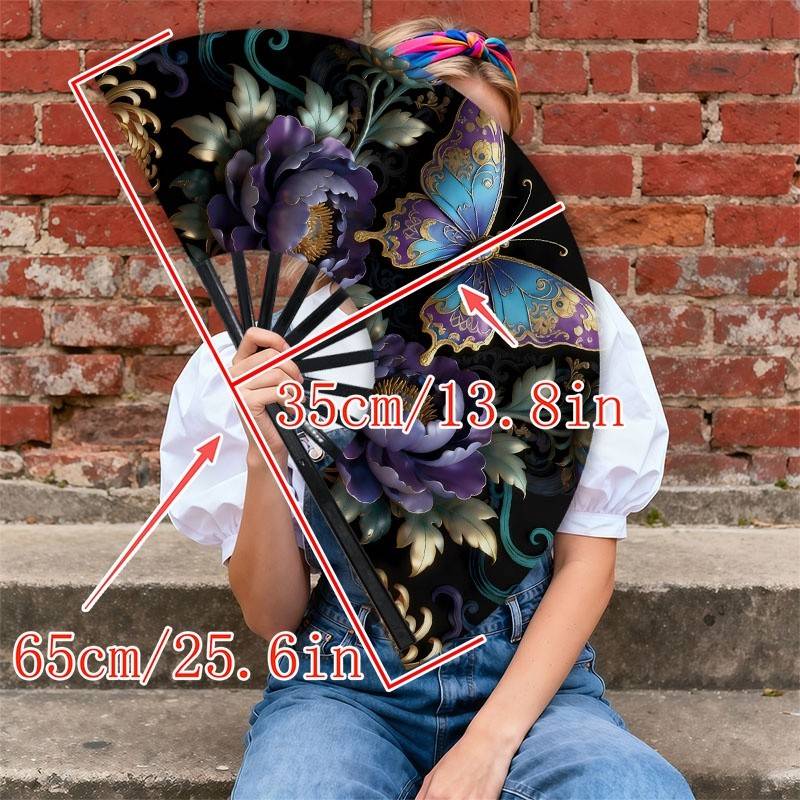 1pc Men's Handheld Fan With Ornate Blue-purple & Peony Design - Portable Cooling Fan For Hot Weather, Manual Operation (no /) - Stylish Heat Accessory For Outdoor, Parties, Daily Use - Elegant