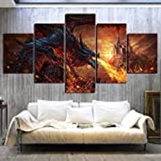 MINCOCO 5 delar fantasykonstmålningar eld drake affisch World of Warcraft spel affisch bilder canvasmålningar väggkonst för heminredning, inramad 40 x 60 40 x 80 40 x 100 cm