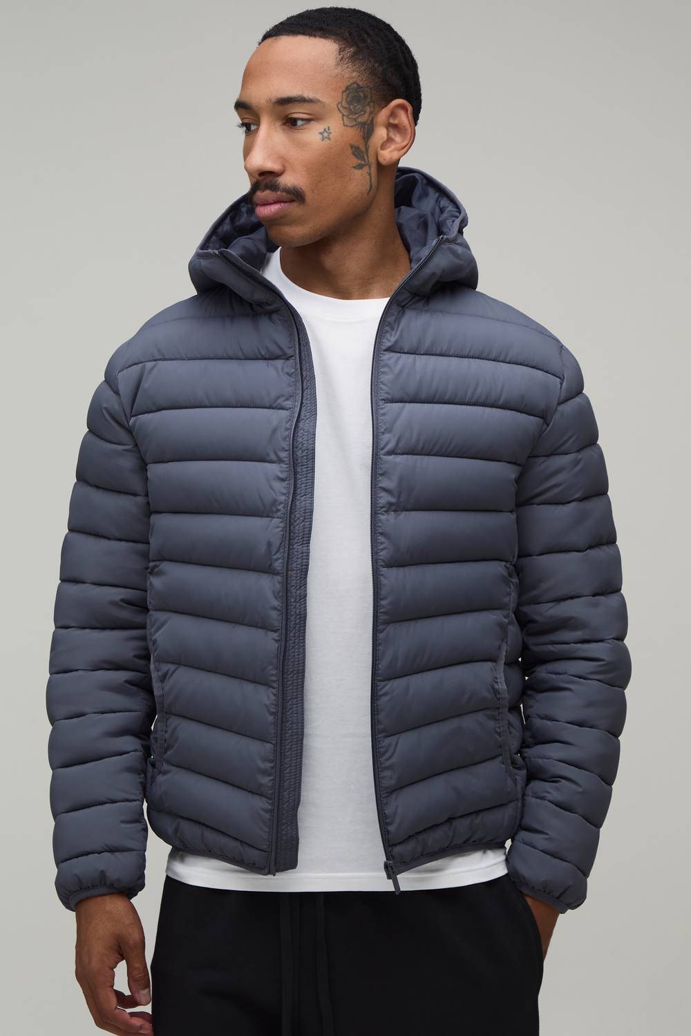 Regular Fit Quilted Zip Through Hooded Jacket | Charcoal | Size 4XL
