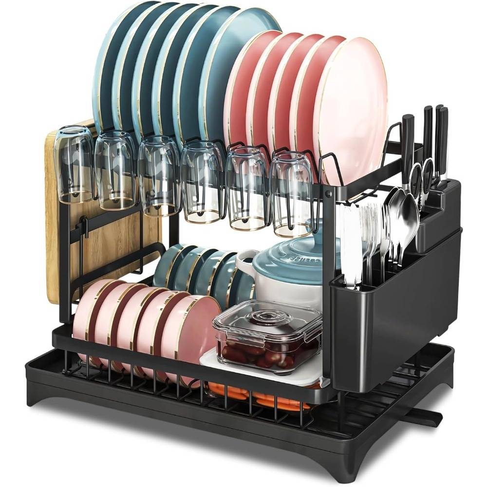 Dish Rack, Small Double-layer Dish Rack With Drainage Tray And Utensil Holder, Multifunctional Space-saving Dish Rack, 42x29x29cm, Black