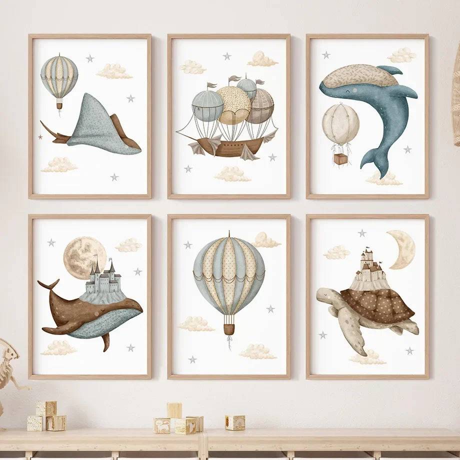 Poster med luftballonger och valar i fantasivärld - F / 40x60cm