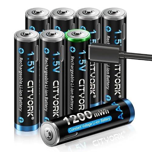 CITYORK USB-C AAA-batterier litiumuppladdningsbara, 8 stycken AAA 1,5 V batterier 1 200 mWh med 4-i-1 USB-laddningskabel
