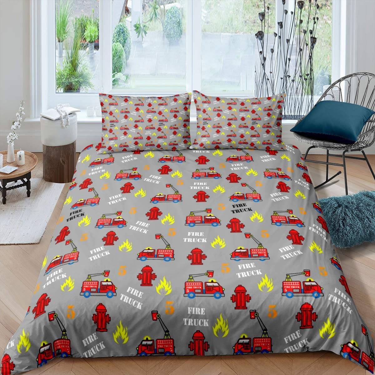 Brandbil Påslakanset Barn Brandmän Bil Fordon Sängkläder Set För Pojkar Brandbil Mönster King Size Täcke Överdrag US King(264x228cm)