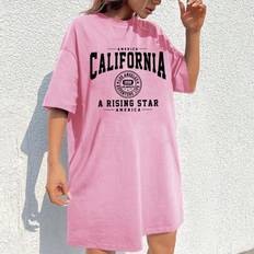 Casual Lös retro amerikansk engelsk grafisk rosa kortärmad miniklänning med rund hals, lämplig för sommaren - Babyrosa (L,M,S,XL,XS,XXL,XXS)