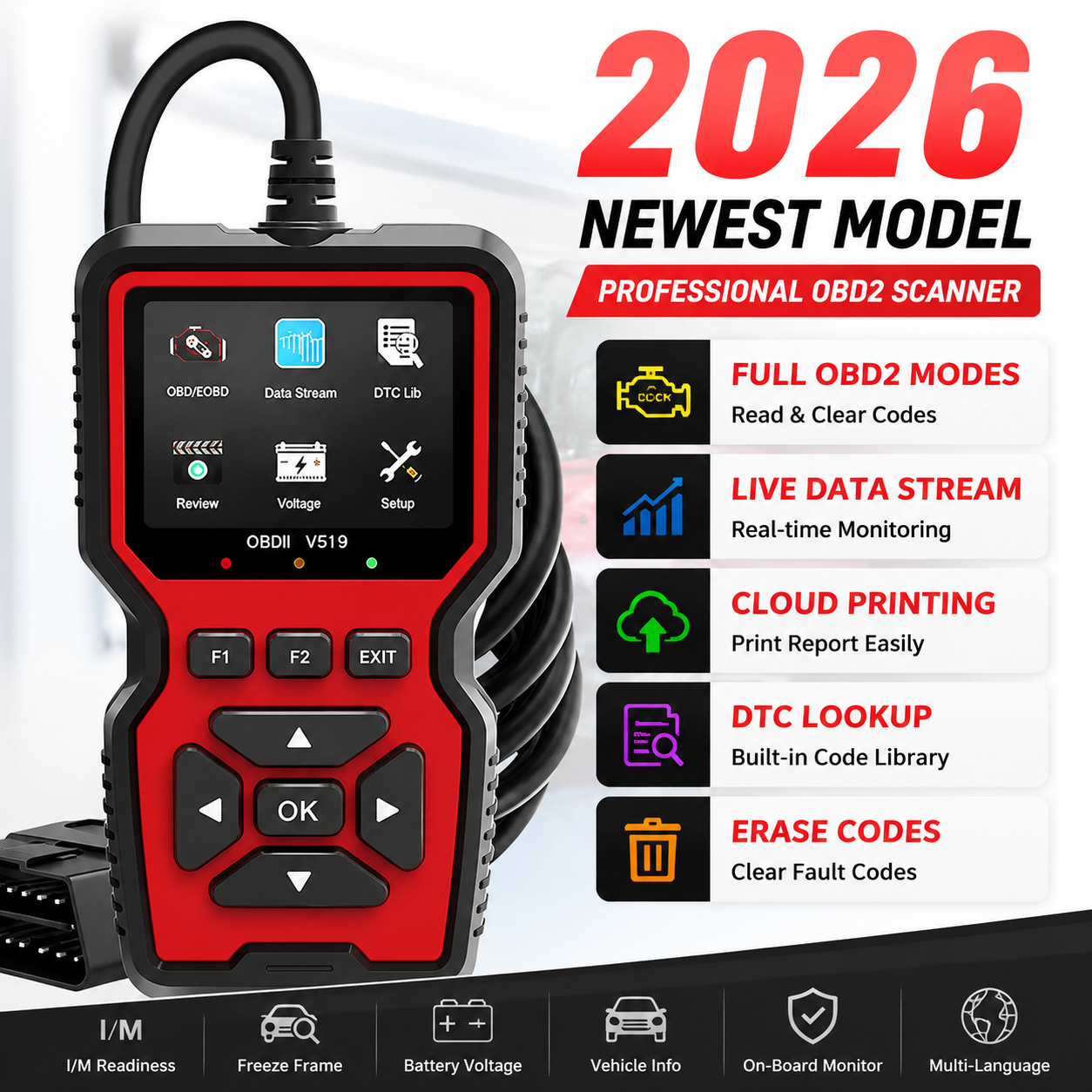 V519 Professional Obd2 Scanner USB Car Diagnostic Tool Real Time Data I/M Ready Read Erase Engine Fault Codes For Most Vehicles