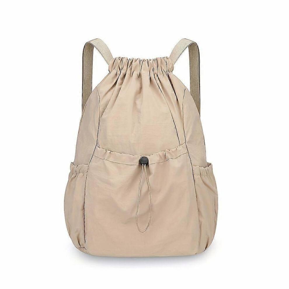 (Khaki) Lightweight Nylon Drawstring Backpack, Unisex Travel Daypack with Front Snap Pocket, for Sports Gym Outdoor Activities
