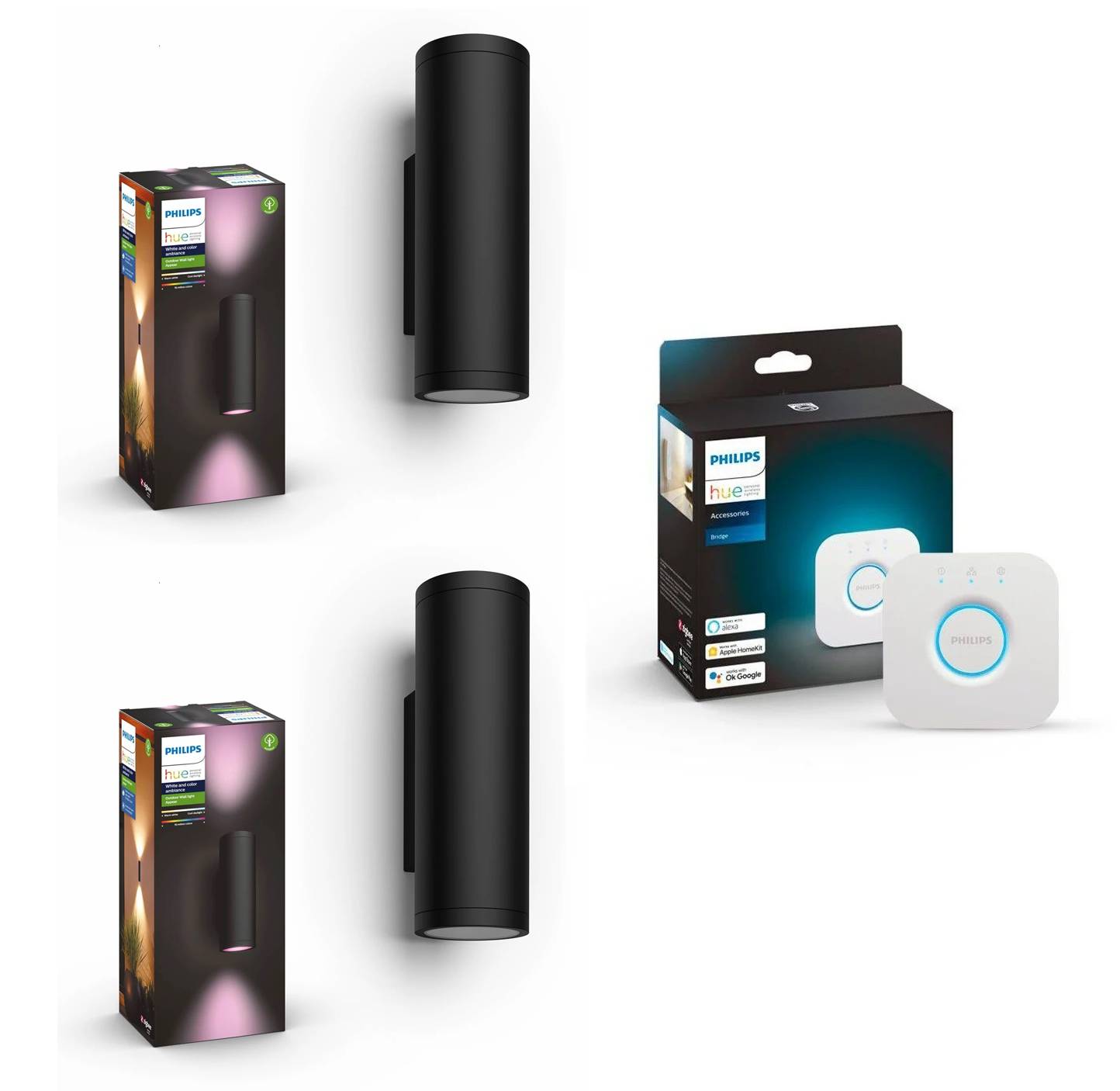 Philips Hue Appear Outdoor Væglampe Sort (× 2) + Bridge 2.1 – Komplet smart facadebelysningsbundle - Fri fragt og klar til levering - Prismatch