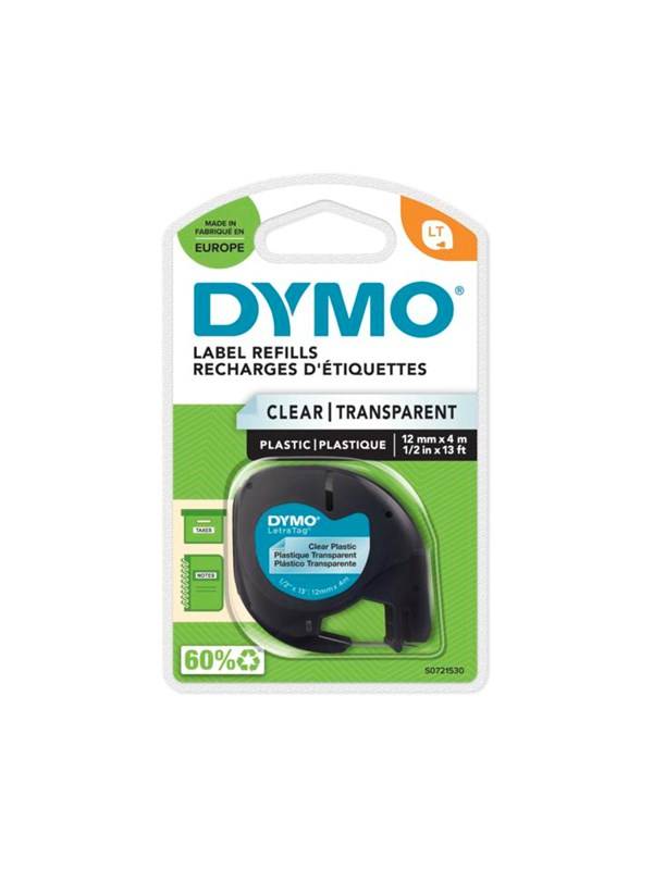 DYMO Letratag plastiktape | sort på klar | 12mm x 4m rulle