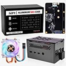 GeeekPi Raspberry Pi 4 aluminium NAS-fodral med Ice Tower Cooler och M.2 SATA SSD-adapterbräda, Raspberry Pi 4 passivt aluminiumfodral med 4010 ultratyst PWM-fläkt för Raspberry Pi 4 modell B 2 GB 4