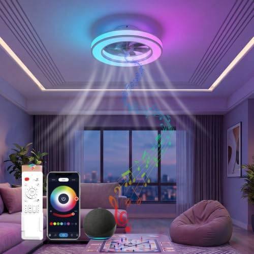 Peasur RGB Deckenlampe mit Ventilator Fan, 3000K/4000K/6500K Dimmbar Ventilator mit Licht, 6 Windstufen, Timer, Natürlicher Windmodus, Deckenventilator mit Beleuchtung und Fernbedienung Leise, Weiß
