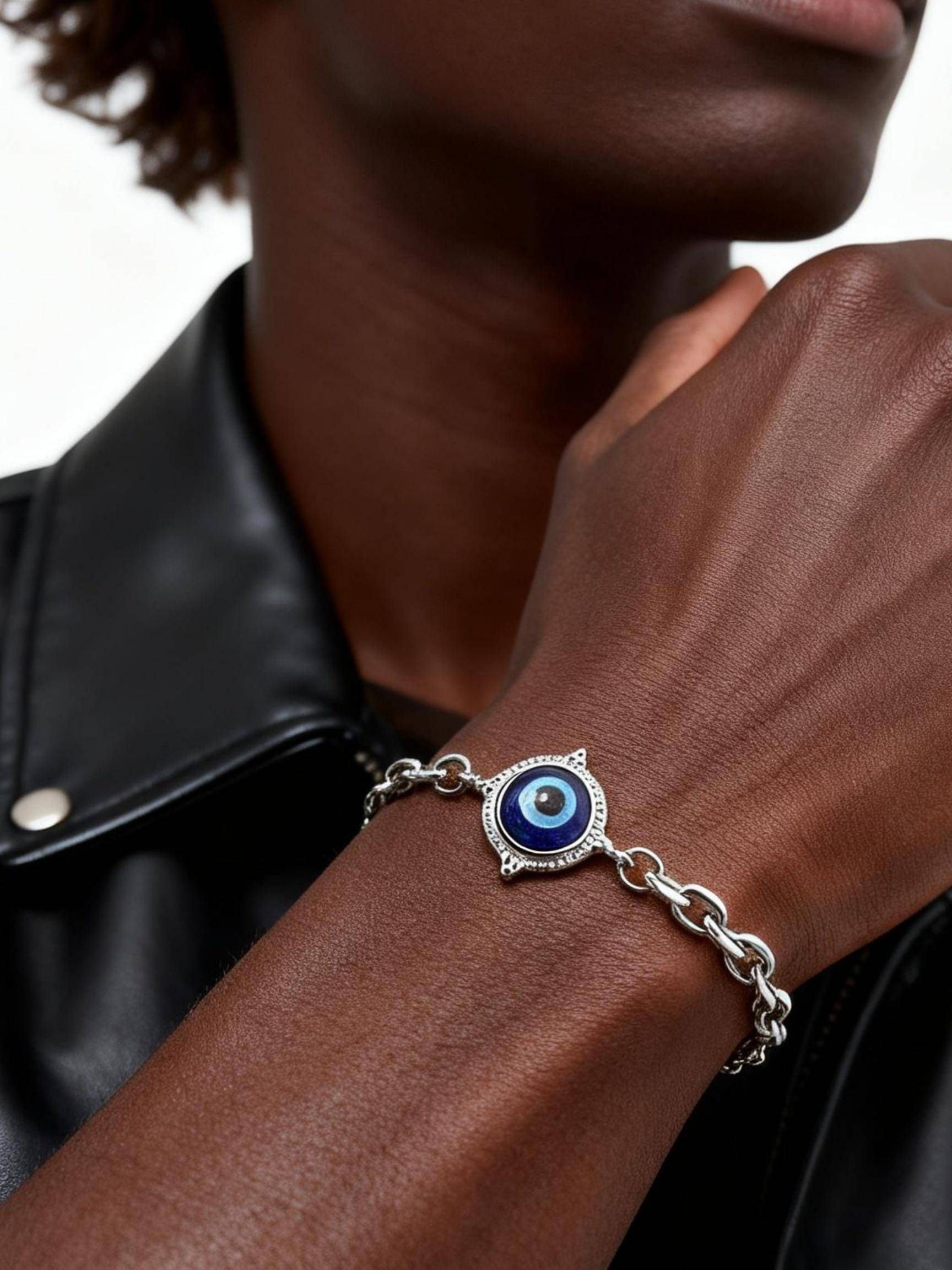 Trendigt Länkarmband med Onda Ögat för Män Rostfritt Stål Justerbar Kedja Turkisk Blå Ögat Berlockarmband Lyckoamulett Smycken