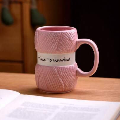 425 ml (14,37 oz) bekväm keramisk mugg i stickad stil, färgglad kaffekopp med garnmönster och inspirerande citat, endast handdisk, mikrovågsugnssäkrad - Multifärgad (rosa kopp)