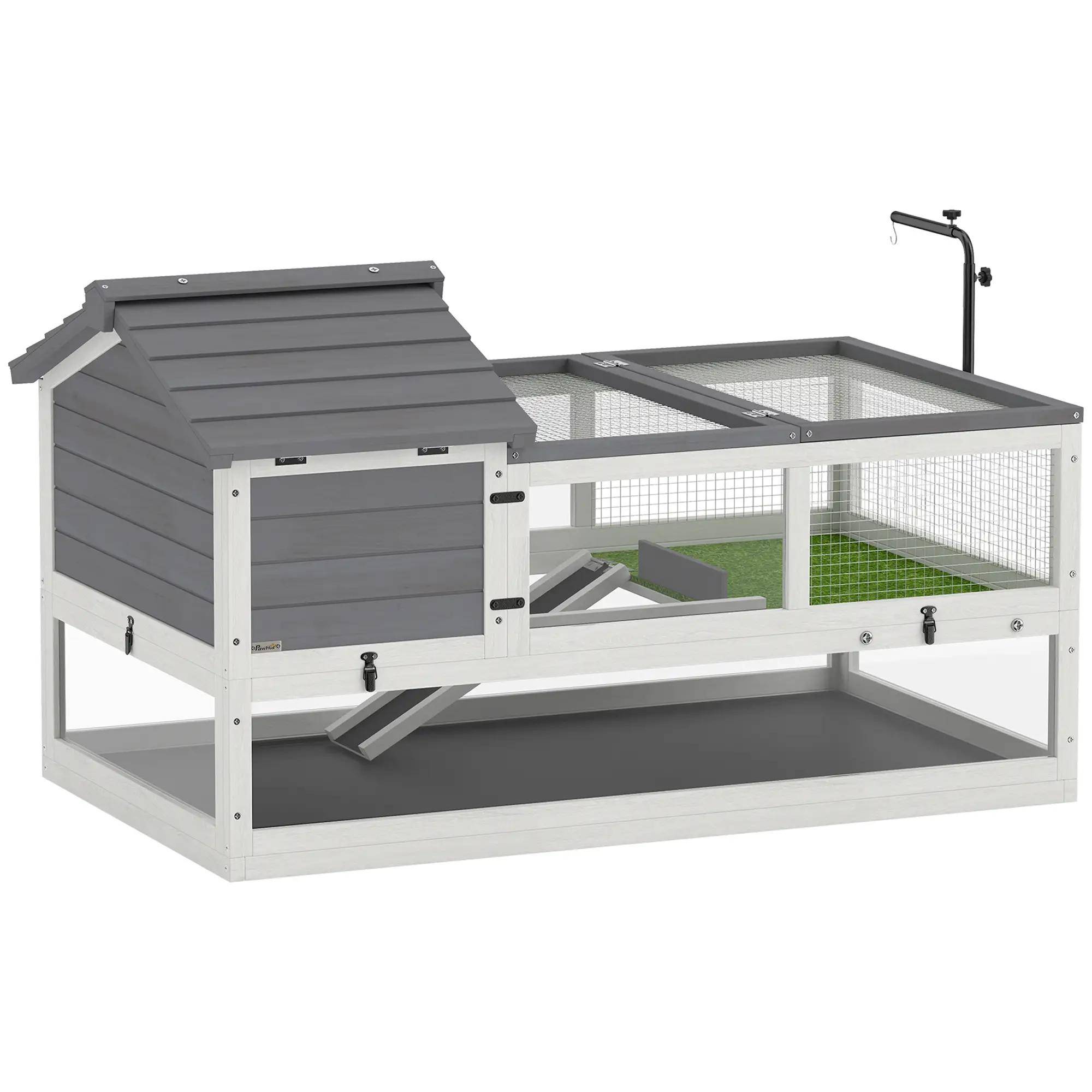 PawHut Wooden Turtle House, Tortoise Enclosure with Two Main Houses, Opening Top Roof, Lamp Holder Gray