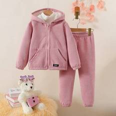 2 st/set Ung flicka Casual Huva långärmad fleecejacka och fleecebyxa set, tjock och varm för höstvinter - Rosa (6Y,7Y,4Y,5Y)