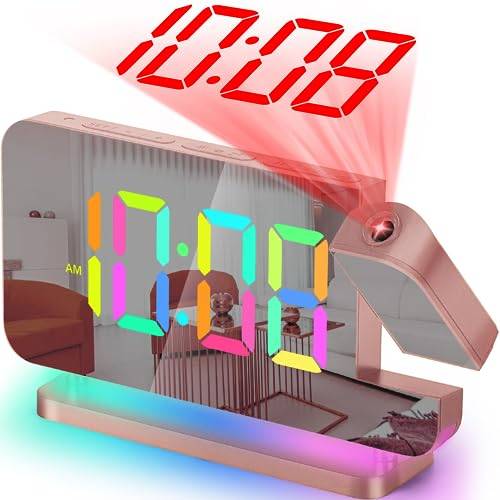 SZELAM Projektionswecker, 7.4" LED Spiegel Digitaluhren Projektion an Deckenwand, mit RGB-Nachtlicht, USB C Ladeanschluss, Auto Dimmung, Moderne Schreibtischuhr für Schlafzimmer – Roségold