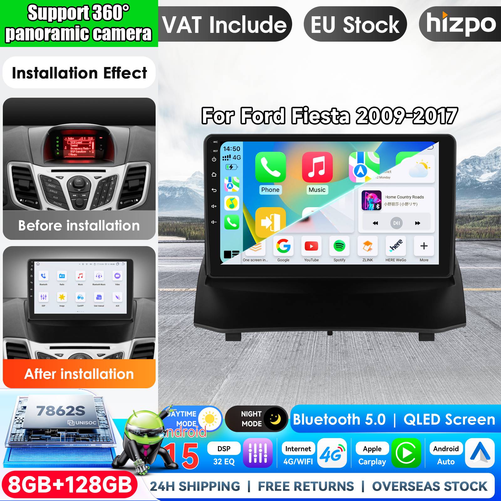 Hizpo 9" Wireless CarPlay Android Auto Car Radio For Ford Fiesta 2009-2017 with factory SYNC Multimedia Wireless Apple CarPlay Smart Intelligent Systems IPS Touch Screen Stereo Video Player 2 Din