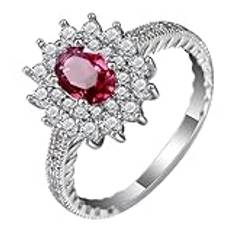 Stapelringar för kvinnor, Dam Statement Ringar 4-stift Rose Red Oval Cubic Zirconia Silver Rose Red(L 1/2)