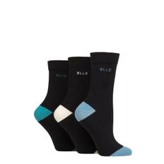 Women's 3 Pair Elle Plain, Striped and Patterned Cotton Socks with Smooth Toes Blues Contrast 4-8 - Black