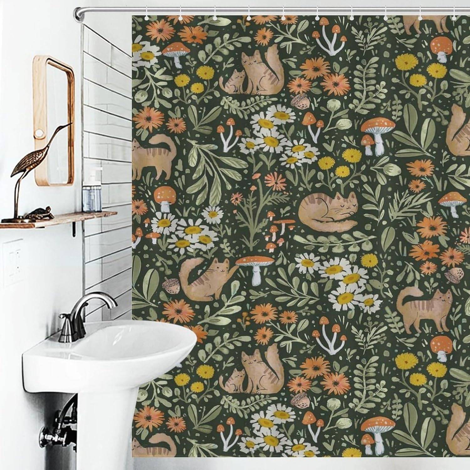 Tecknad Söt Skog Duschdraperier, Sagosvamp Katt Blomma Blommig Blad Grön Mönster Dekor Tryck Badrumsgardiner Set