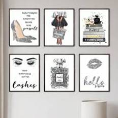 6pcs Modern Home Decor Perfume Heels Posters, Stylish Black&White Fashion Women Canvas Wall Art, For Female Bedroom Beauty Salon Wall Decor, Unframed