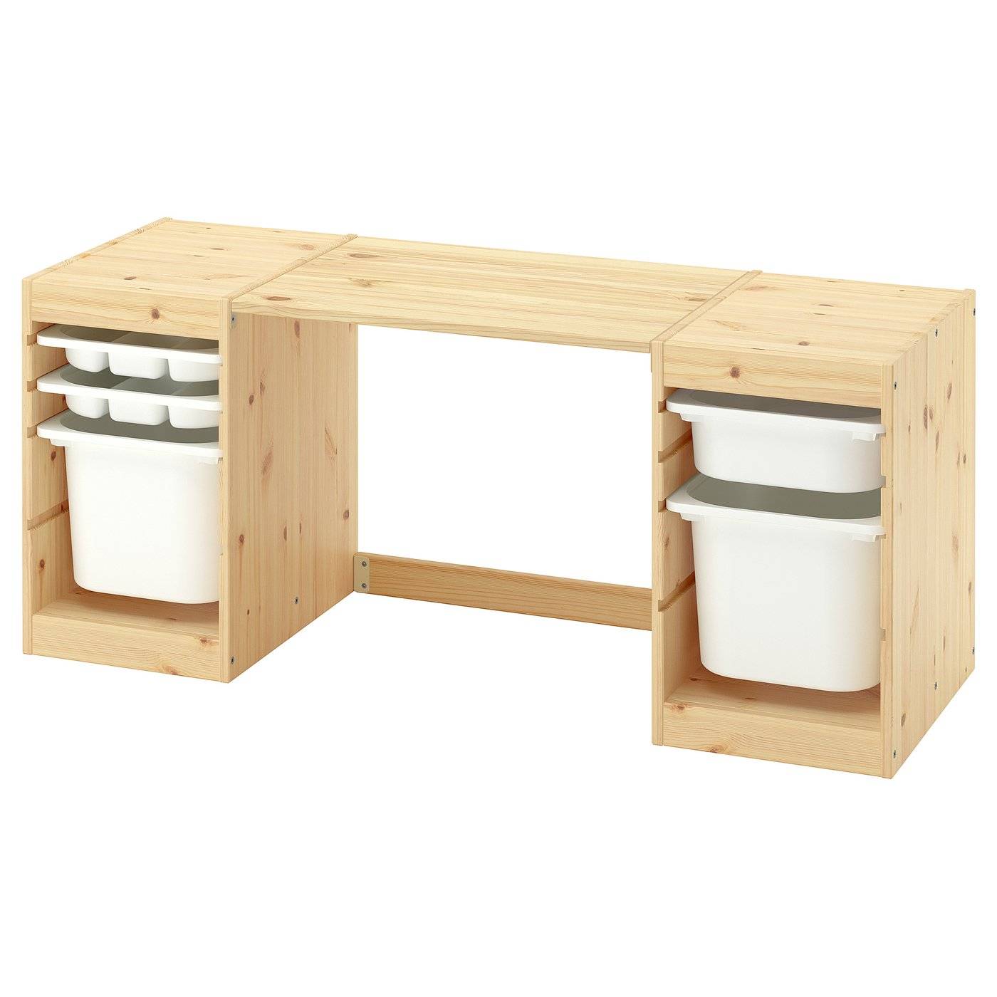 TROFAST skrivbord med backar/brickor, ljus vitbetsad furu/vit vit, 124x44x52 cm