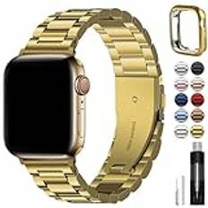 Fullmosa Apple Watch-rem, guldfärgad, 38 mm, 40 mm, 41 mm, iWatch-remmar i metall och rostfritt stål, ersättningsband för Apple Watch serie 9/8/7/6/SE/SE2/5/4/3/2/1, med skyddsfodral
