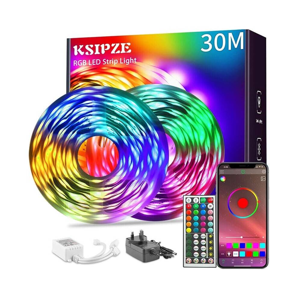 30m LED-ljusremsa (2 rullar à 15m) RGB-musiksynkronisering, färgskiftande, Bluetooth-LED-lampor med smart app-fjärrkontroll, LED-lampor komp