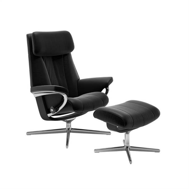 Stressless Paul (M) lænestol med skammel - Cross Stel Krom/Sort - Sort Paloma læder