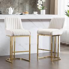 chairus Barstolar, uppsättning av 2 sammet, barstolar med ryggstöd, barstol i guld, metallben, vadderad diskpall för kök (beige-2)
