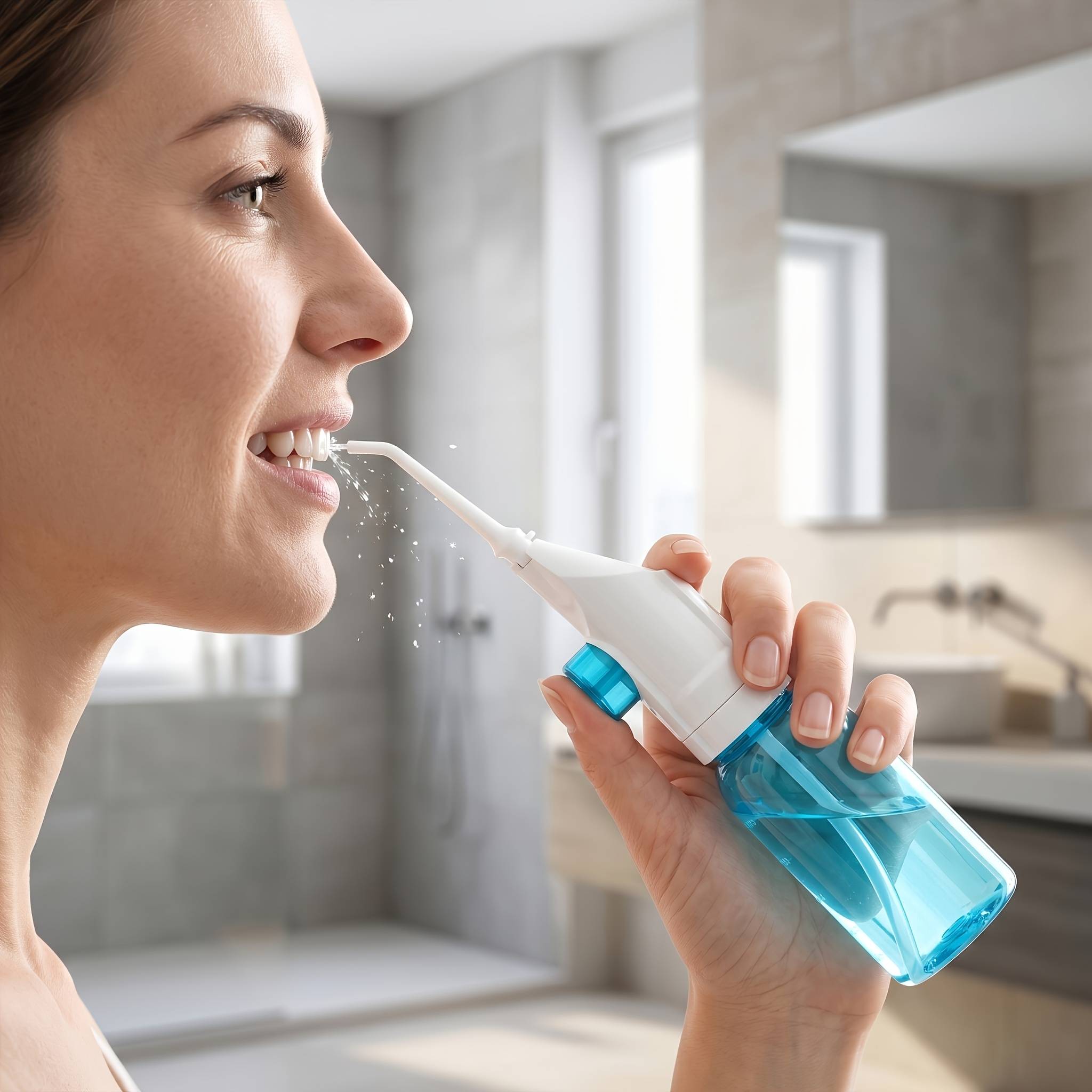 24cm/5cm 9.44in/1.96in Portable Manual Water Flosser, Cordless Dental Oral Irrigator With 2 Replaceable Nozzles, Non-electric For Teeth Cleaning, Braces, Travel, Home Use, Gum Flosser