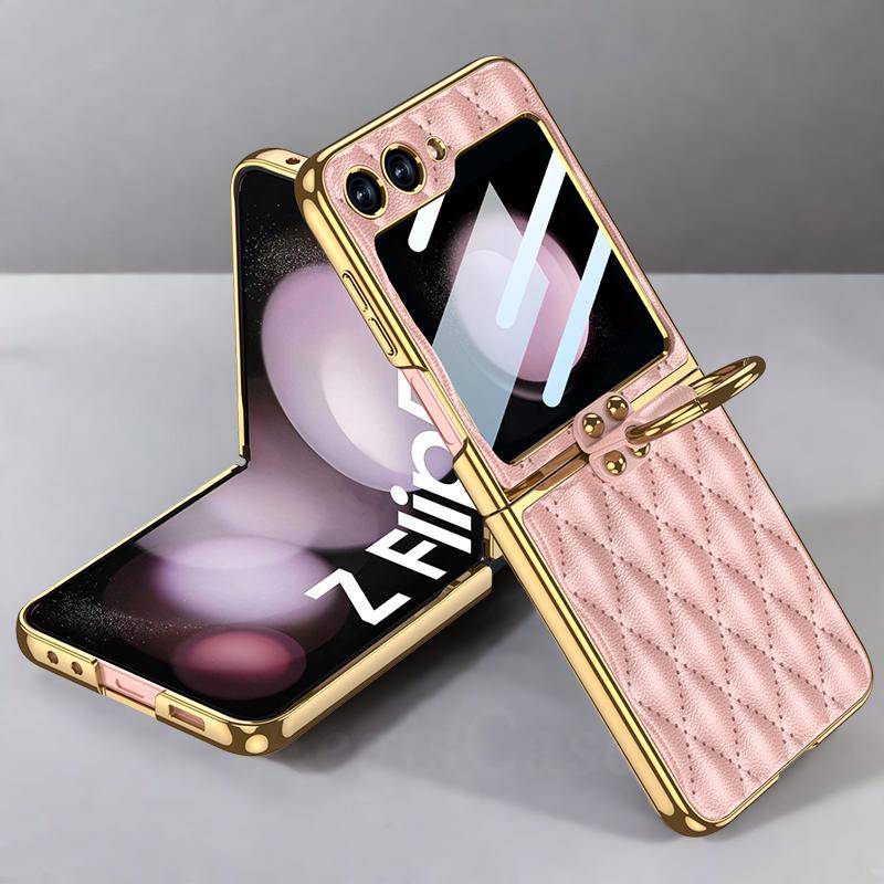 För Samsung Galaxy Z Flip 6 5 Fodral Diamant Läder Ringhållare Baksides Skärmskydd Pläterad Kant Cover för Galaxy Z Flip6 Fodral röd
