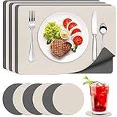 innislink bordsset läder, 6 bordstabletter, tvättbara med underlägg, halkfria bordstabletter, dubbelsidiga bordstabletter, PU-läder värmebeständigt för kök hem restaurang – 43 x 30 cm, beige-grå
