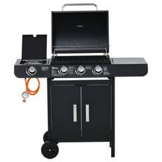 Gasgrill med 3 hovedbrændere + 1 sidebrænder, hylder, rustfrit stål, sort, 110 x 50 x 100 cm.