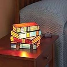 Boklampa i Målat Glas, Mjuk Belysning i Vintagestil Staplade Böcker Bordslampa för Sovrum, Unik Nattbordsbordslampa