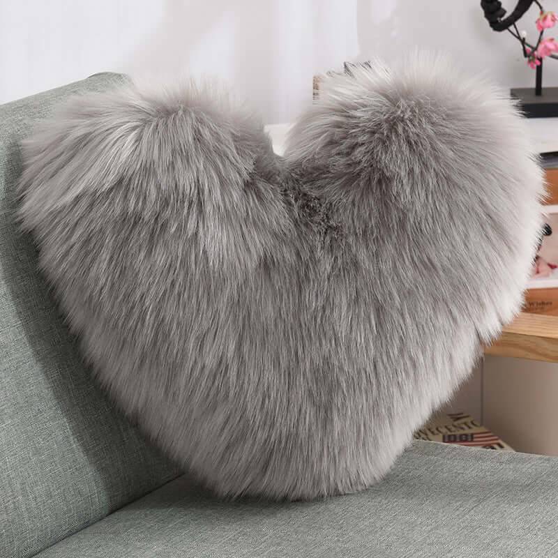 Heart Shaped Plush Throw Pillow - Fluffy Shaggy Cushion - Light Grey / Pillow core and pillowcase