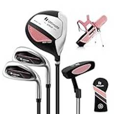 COSTWAY 4-delat set för barn, golfklubbor för barn, högerhänta golfklubbor med golfväska och regnhuva, komplett golfset inkl. 7 järn, S-järn, 1 förare och putter för barn från 8–10 år (rosa)