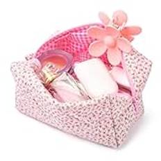 Kryzalite® Quiltad sminkväska med blommönster och stor kapacitet av mjukt bomullsmaterial för sminkborstar och skönhetsredskap (rosa)