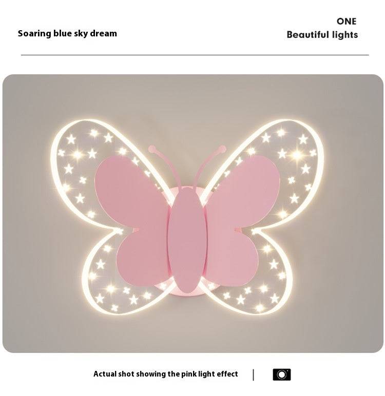 Butterfly Lamp Creative Cartoon Children Bedroom Wall Lamp - Tri color dimming / Pink