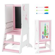 2 i 1 børnelæringstårn med dobbeltsidet bord & 3 justerbare højder Køkken skammel Trin skammel Pink