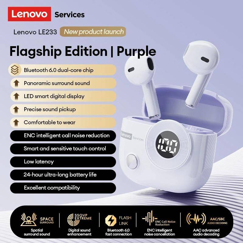 Original Lenovo LE233 Wireless Earphones HD Call Zero Lag Bluetooth 6.0 Headphone Long Battery Life Level Display Game/Music Dual-Mic Earbud violett