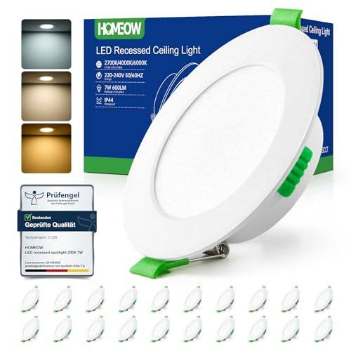 HOMEOW Set med 20 infällda LED-spotlights, 230 V, 7 W, varmvit neutral vit, kall vit, LED-spotlights 230 V, 75 mm – 90 mm hålmått, infällda lampor, takspotlights, infällda spotlights, inbyggnad