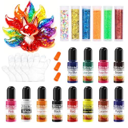 ERCorArt Epoxiharts färg – 12 pigment med 6 paljetter, epoxihartsfärgämnen för koncentrat för färgning, målning, smyckestillverkning – 6 ml vardera