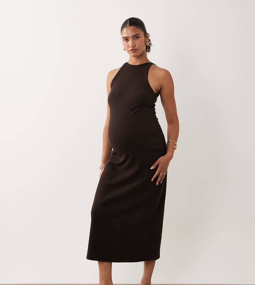 ASOS DESIGN Maternity – Chokladbrun ribbad midiklänning
