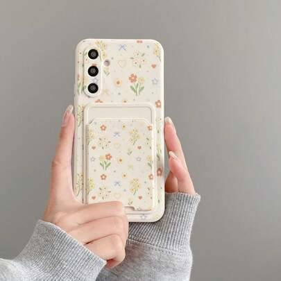 1 st färgglad blomsterrosettkorthållare med självhäftande baksida, 1 st enfärgat mobilskal i flytande silikon kompatibelt med Android-serien [Internat - Vitt (Multi-size)