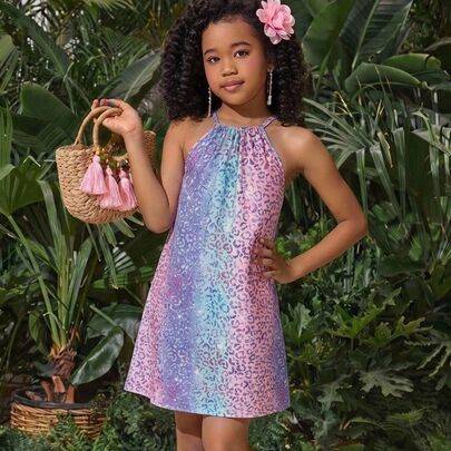 Söt lila leopardmönstrad åtsittande sommarklänning för barn- och tweenflicka, ärmlös med halterneck, för semester, strand, födelsedag, sand och matcha - Multifärgad (7Y,8Y,9Y,10Y,11Y,12Y,13Y)